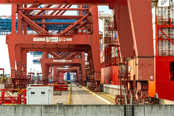 Closeup view of gantry cranes at the Eurogate container terminal in Hamburg Germany Print