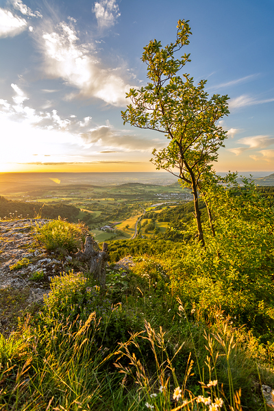 Scenic sunset over a rock ledge Wackerstein in the Swabian Alps in Southern Germany Print