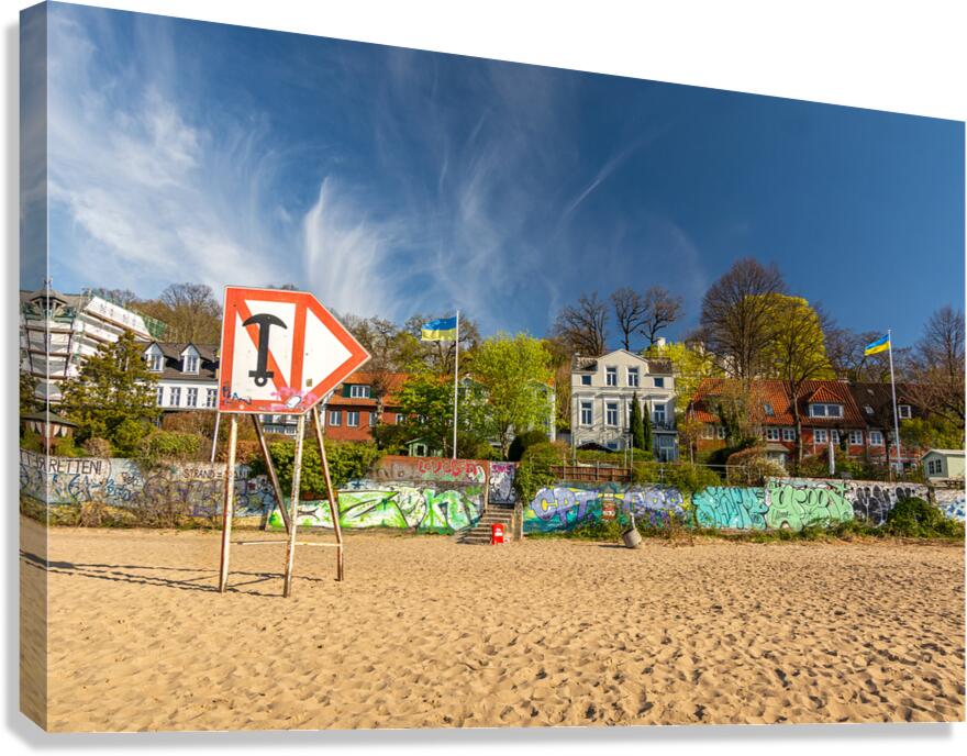 Typical houses at the waterfront and city beach at the Elbe River in Hamburg Germany  Canvas Print