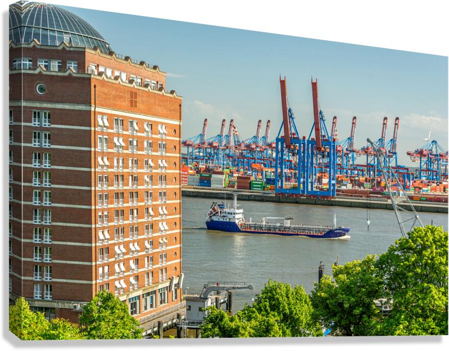 View of the Burchardkai container terminal and ship from Hamburg Övelgönne Germany Canvas Print