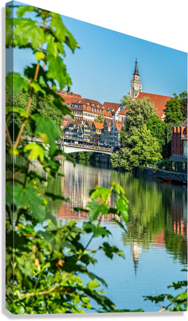 Riverside view of the old town and church of Tübingen in Germany in summer Canvas Print