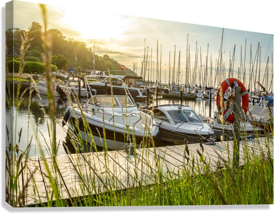 Sunset over pier and marina in Langballigau at the Baltic Sea in Northern Germany Canvas Print