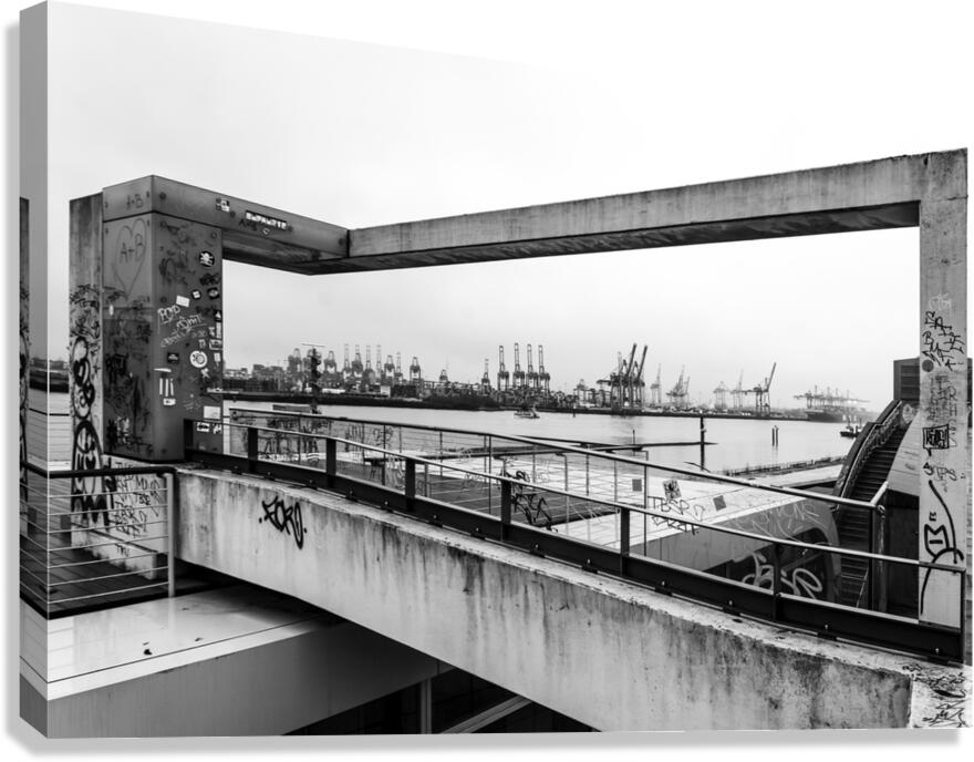 Black and white shot of the Elbe River in Hamburg seen through concrete arch Canvas Print