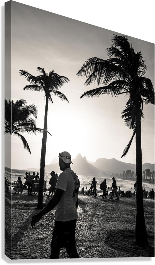 Black and white photo of people strolling along the promenade at Ipanema Beach in Rio de Janeiro  Canvas Print