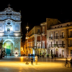 Night shot of baroque buildings in beautiful ancient Italian city Syracuse on the island of Sicily