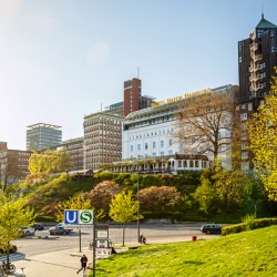 Buildings and hotels at the Landungsbrücken pier in Hamburg