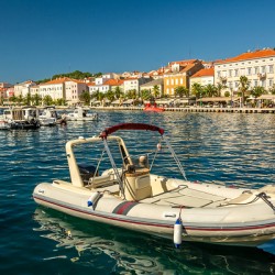 Luxurious motorboat in the marina of Mali on the island of Losinj in the Adriatic Sea Croatia