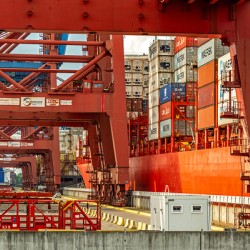 Closeup view of gantry cranes at the Eurogate container terminal in Hamburg
