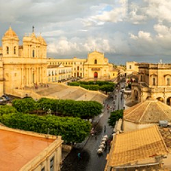 Widescreen panorama of beautiful baroque houses in Noto on Sicily 
