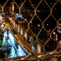 Night shot of blurred car lights on a main street in Tübingen