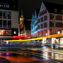 Night shot of blurred bus lights in Tübingen