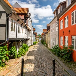 Historic street in the old town of Flensburg Germany 