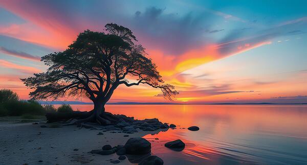 Serene sunset scene: A lone tree by the lake by SamDigitech