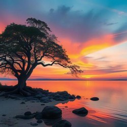 Serene sunset scene: A lone tree by the lake