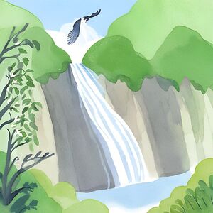 A breathtaking natural landscape painting of a waterfall cascading down a mountain surrounded by trees and birds under a clear blue sky with the sun shining through