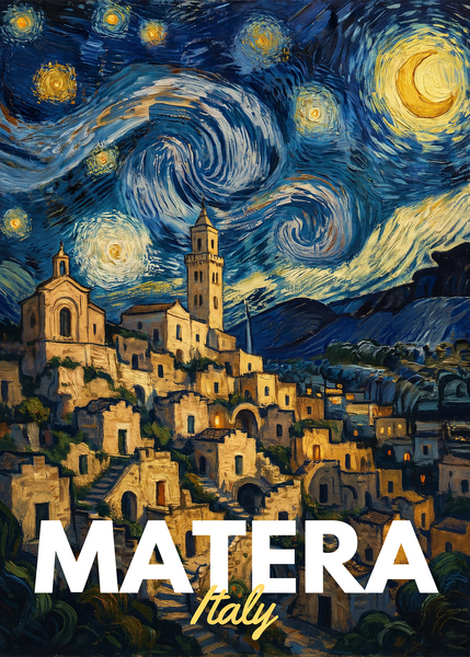 Matera Italy Starry Night Wall Art | Sassi di Matera Van Gogh Style Canvas Print by PixelThreadStudio