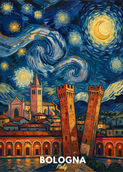 Bologna Italy Starry Night Wall Art | Two Towers Van Gogh Style Canvas Print by PixelThreadStudio
