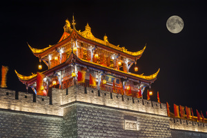 Dujiangyan fortified wall illuminated at night