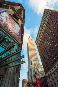 Empire State building against blue sky