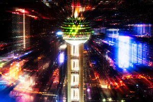 Oriental pearl tower illuminated at night in Shanghai
