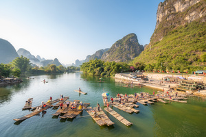 Tourist bamboo rafts in Yangshuo Guilin