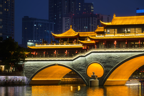 Nighttime Serenity Over Anshun Bridge in Chengdu. by Philippe Lejeanvre