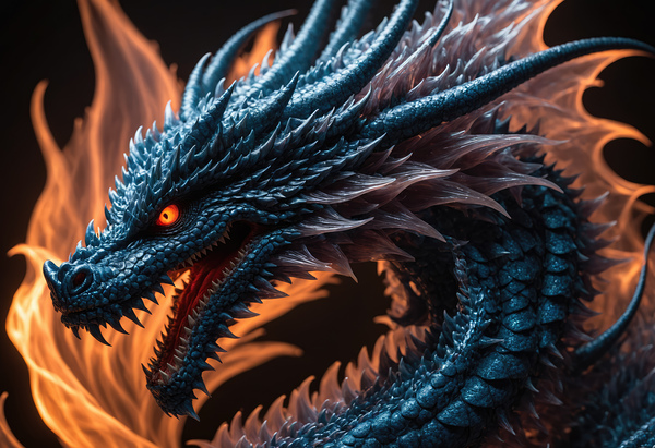 Blue dragon head with orange eyes with flames on the background  Print