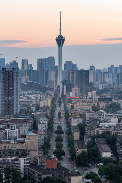 Chengdu 339 TV tower and city skyline aerial view by Philippe Lejeanvre