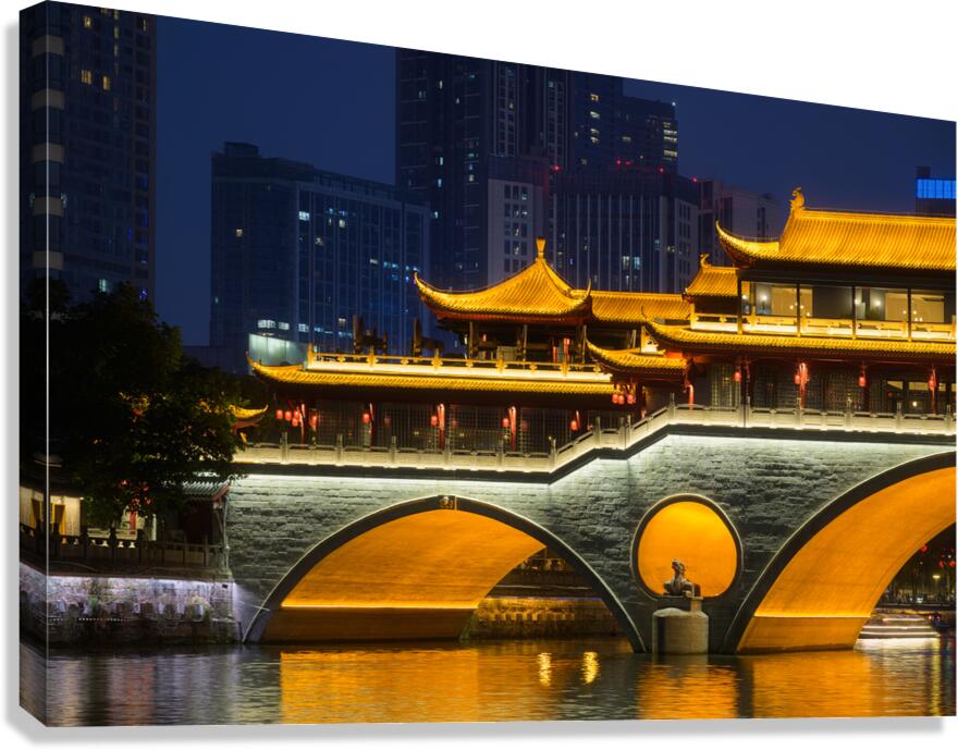 Nighttime Serenity Over Anshun Bridge in Chengdu. Canvas Print