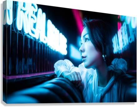 Young Chinese woman portrait with neon lights Canvas Print