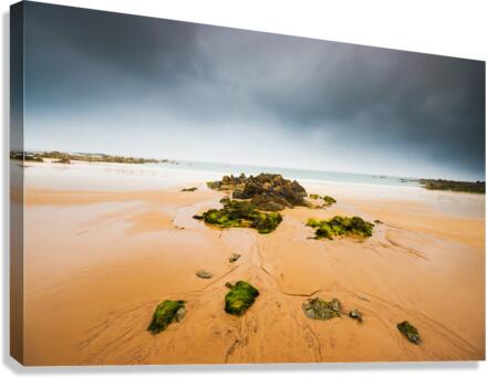 Empty beach with rocks and dark sky  Canvas Print