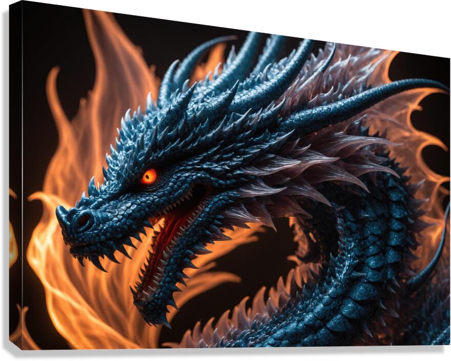 Blue dragon head with orange eyes with flames on the background  Canvas Print