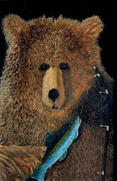 IMG 4307 grizzly bear with fishing pole and a trout by Les Smith