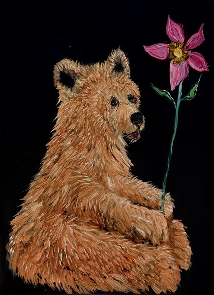 IMG 4223.grizzly bear  holding pink flower Print