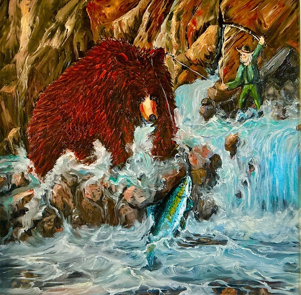 IMG 0310 -fisherman grizzly bear rainbow  trout Print