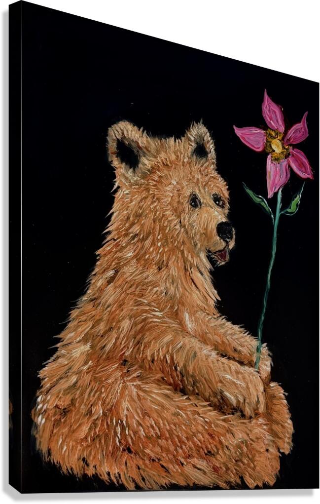 IMG 4223.grizzly bear  holding pink flower Canvas Print