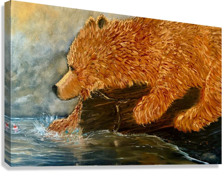 IMG 3428 grizzly bear staring at a fishing bobber Canvas Print