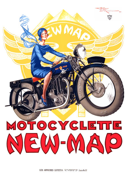 1930 New Map Motorcycles French Advertising Poster by Retrographics