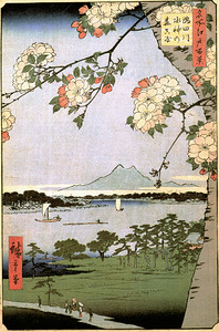 Hiroshige Ando – The Grove at the Suijin Shrine: A Tranquil View of Nature
