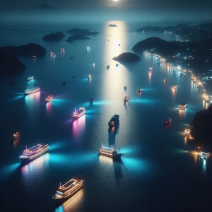 Luminous boats at night at sea 35