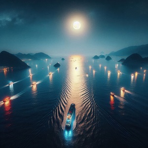 Luminous boats at night at sea 10