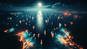 Luminous boats at night at sea 4