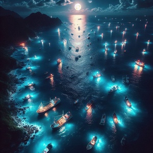 Luminous boats at night at sea 14 by Nile