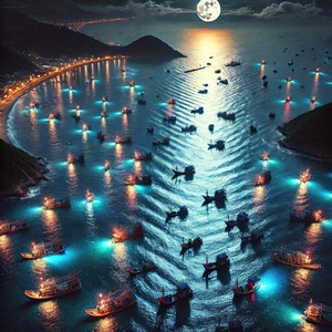 Luminous boats at night at sea 5