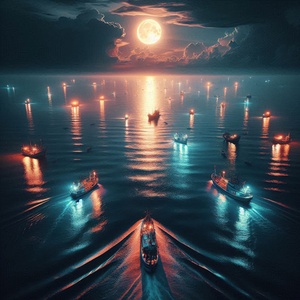 Luminous boats at night at sea 16