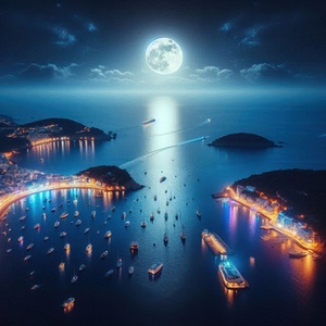 Luminous boats at night at sea 2 by Nile