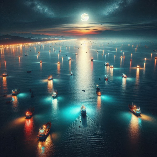 Luminous boats at night at sea 9 by Nile