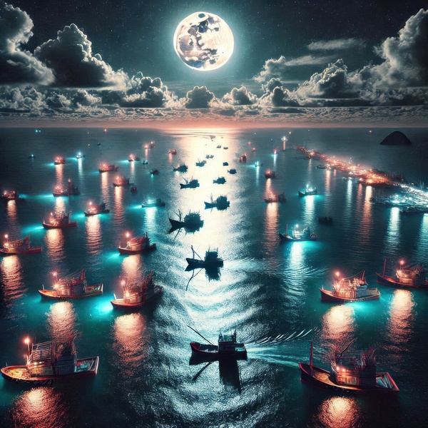 Luminous boats at night at sea 7 by Nile