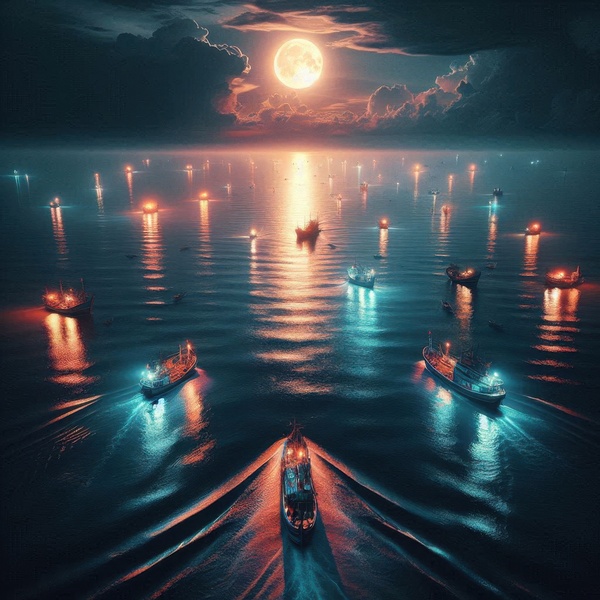 Luminous boats at night at sea 16 Print