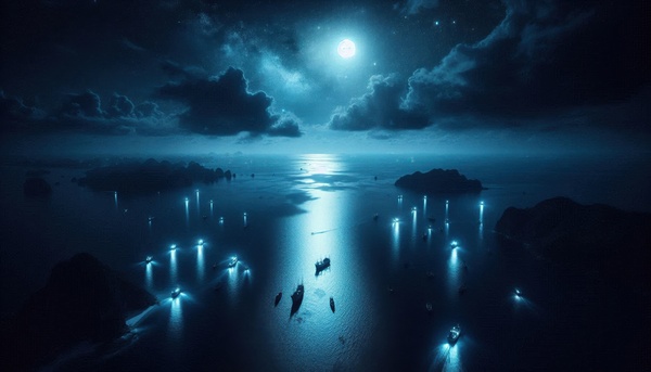 Luminous boats at night at sea 12 Print